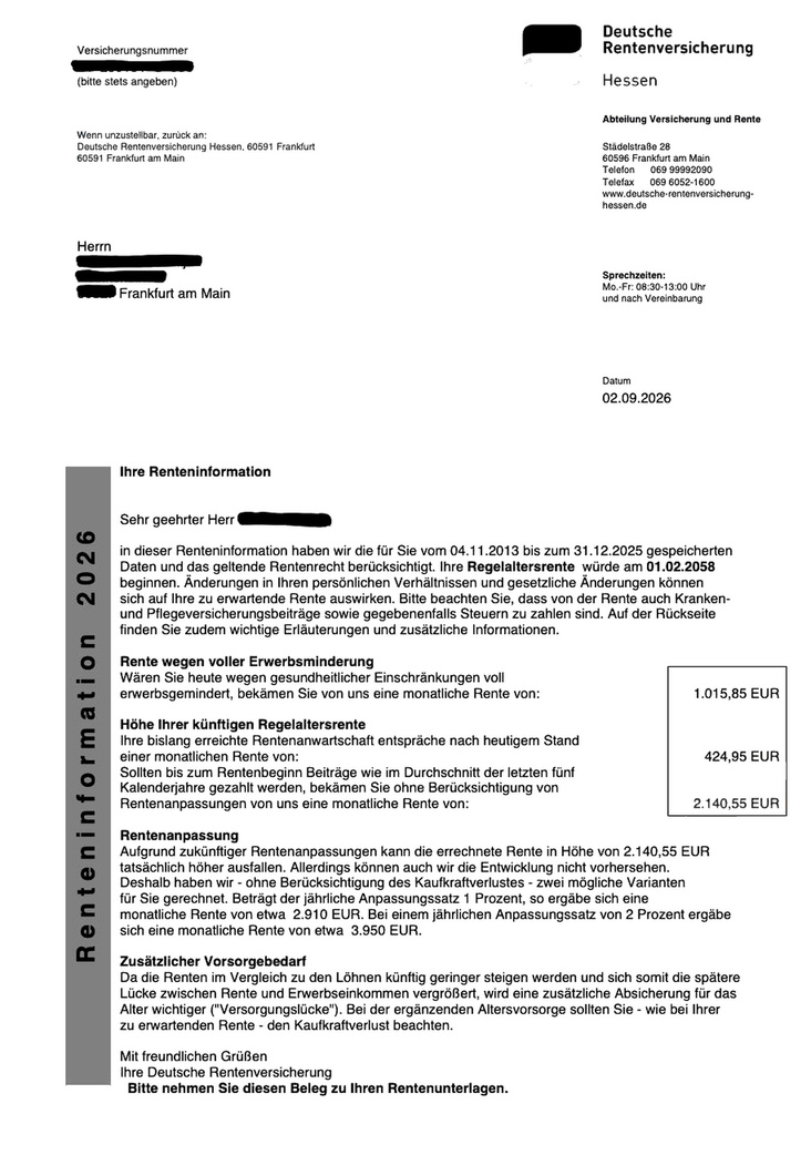 Anonymized sample pension statement, front page
